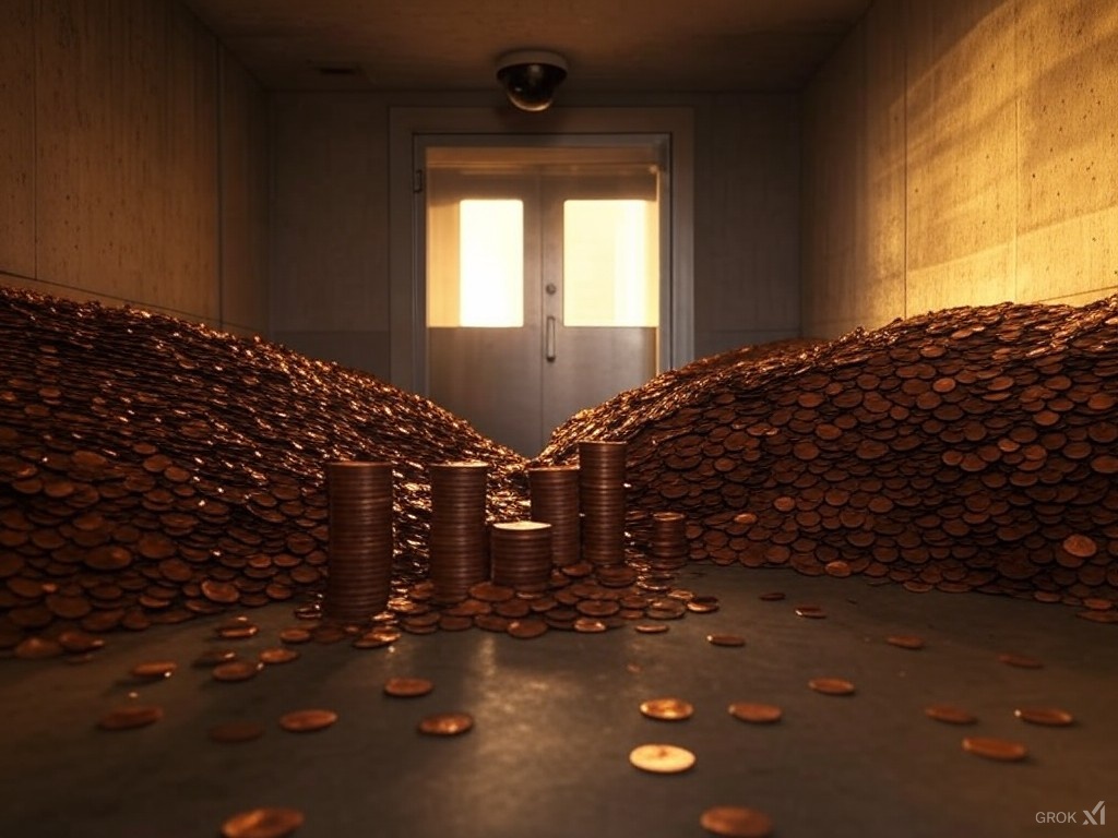 Art installation featuring waves of copper pennies flowing across a room