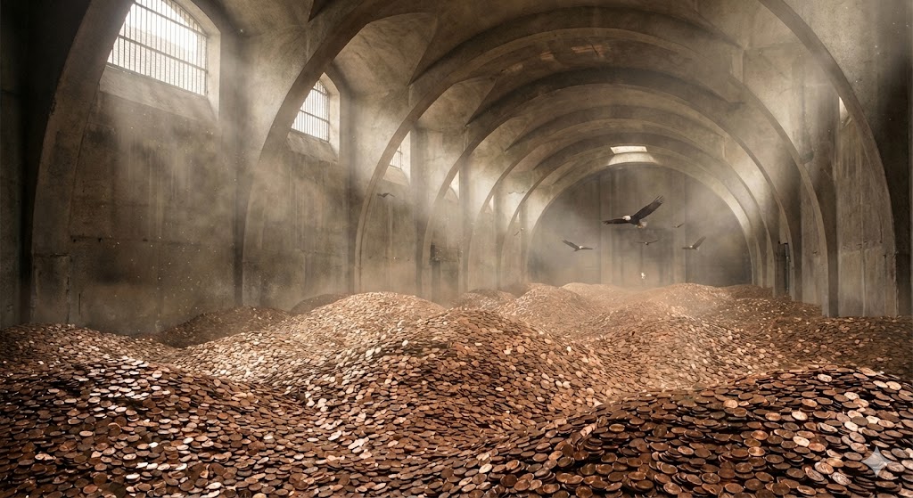 Cathedral-like vault filled with millions of copper pennies under dramatic lighting